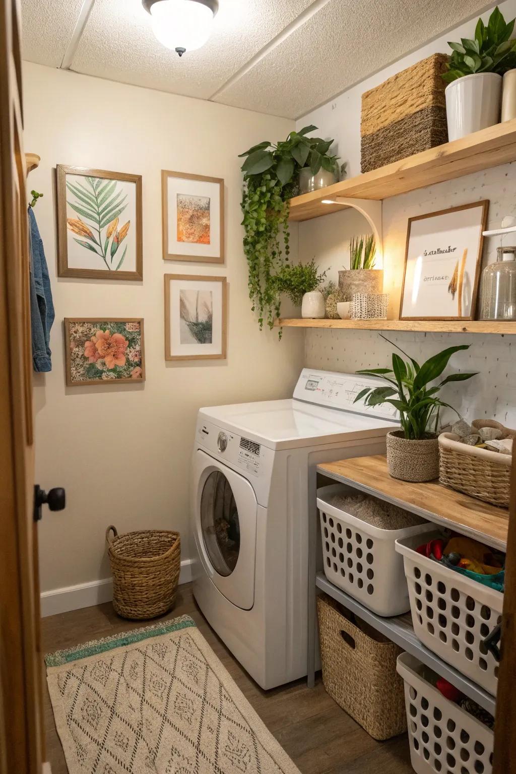 With art and greenery, you may transform your laundry area into a welcoming space.
