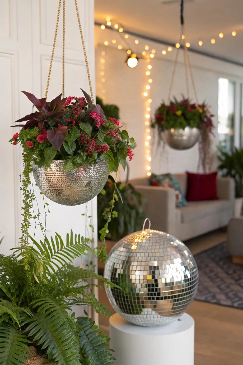 Disco ball planters contribute a touch of greenery and sparkle to the decor.