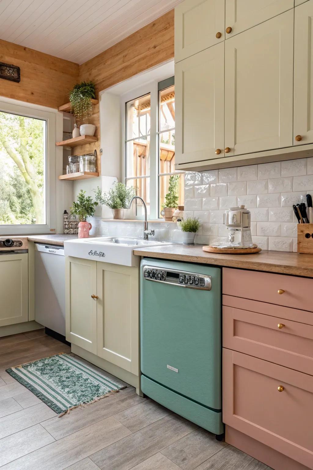 Color-coordinated washing gadget blending smoothly into the cooking area.