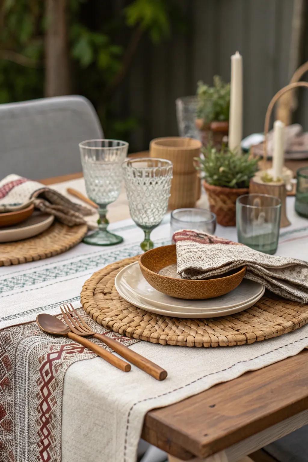 Layered textures employing fabrics, glass, and wood fashion a rich and welcoming table setting.