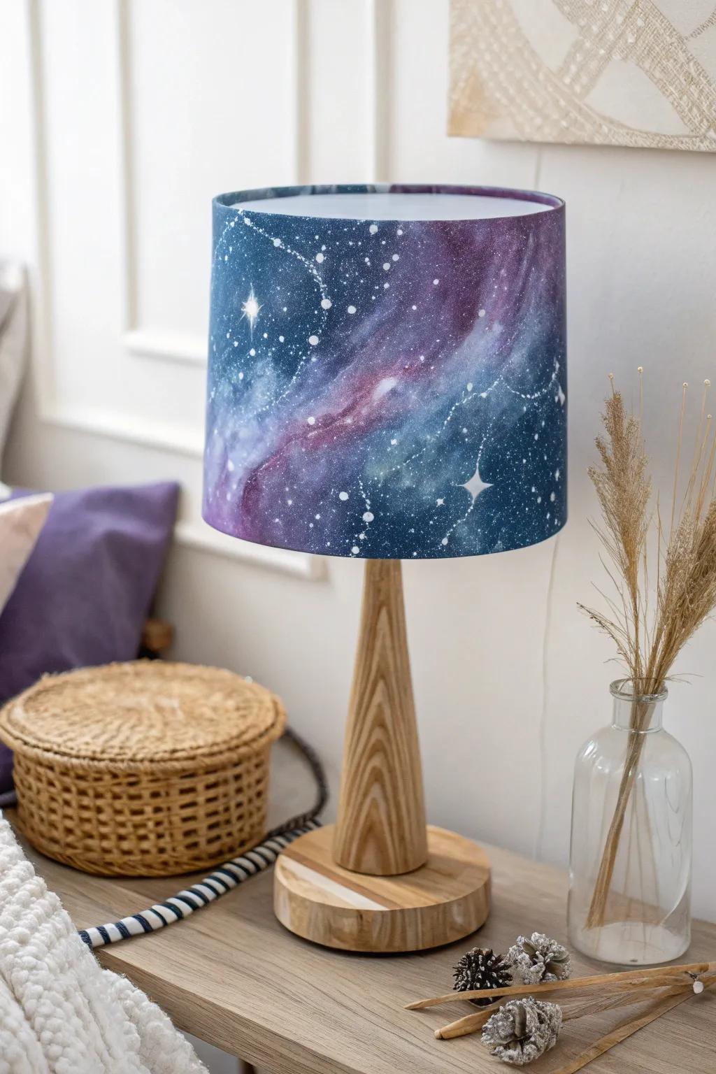 With a hint of the cosmos, you can illuminate your space. The beauty of the night sky is brought indoors by this galaxy-themed lampshade.