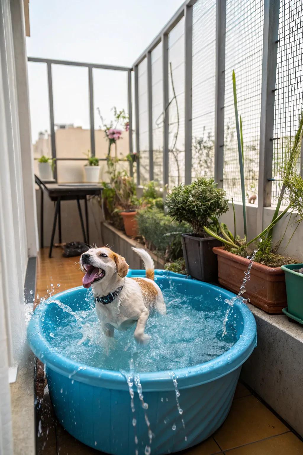 A movable dog pool offers a splash of fun on warm days.