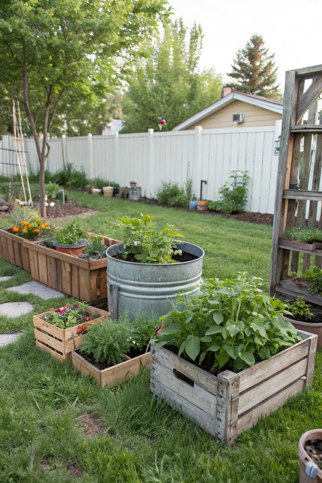 Recycled greenery holders for a pet-safe and lush backyard.