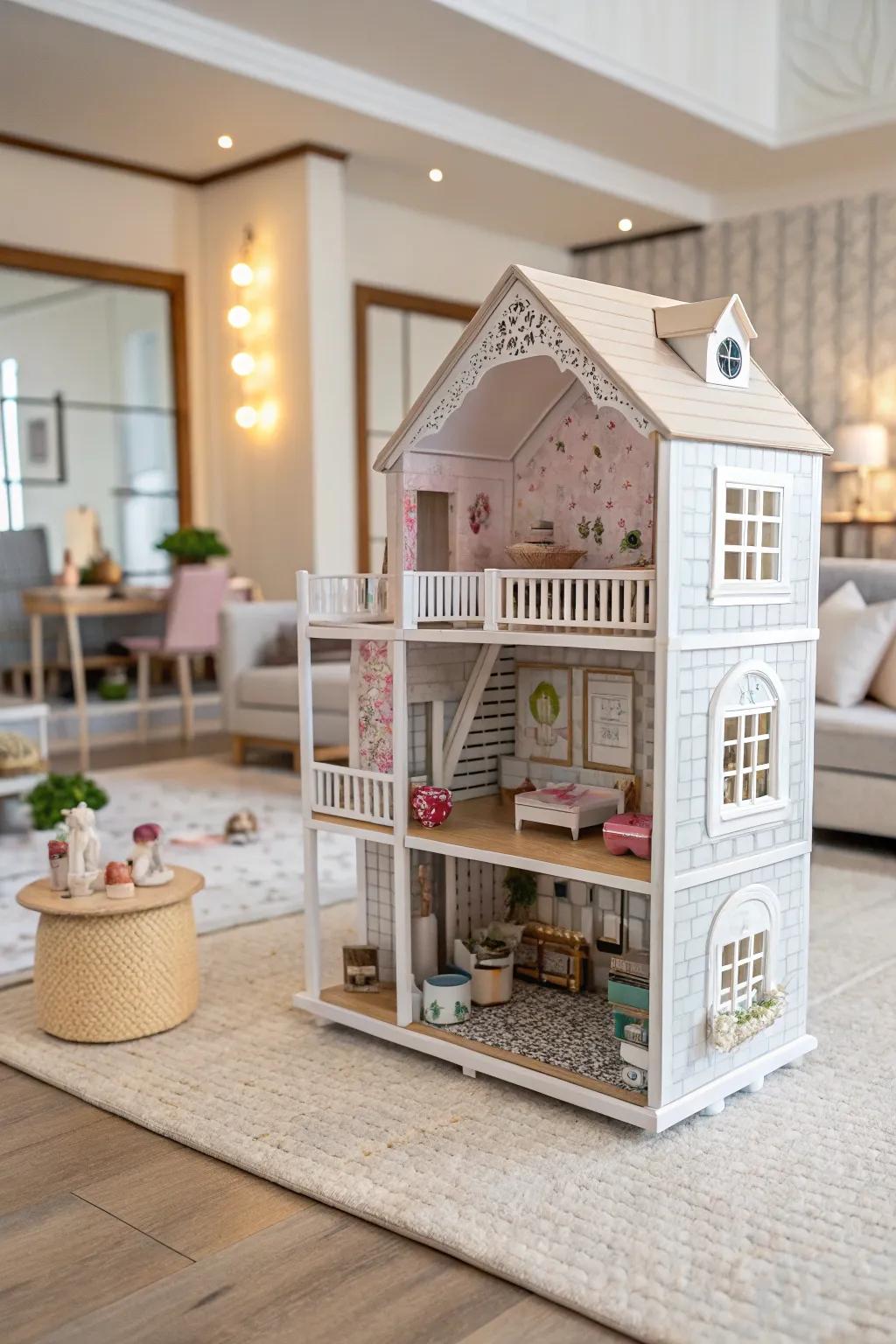 Exposed fa&ccedil;ade designs provide a full view of the dollhouse interiors.