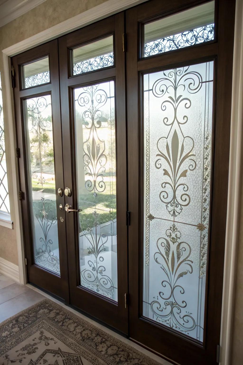 Carved glass offers a unique and artistic way to add privacy to your door windows.