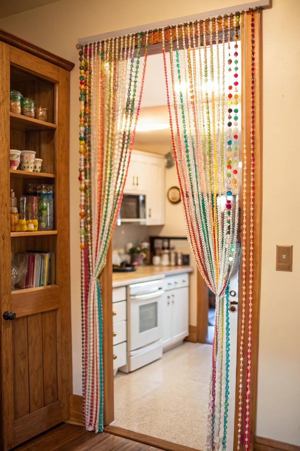 Beaded curtains add a nostalgic, playful charm to doorways.
