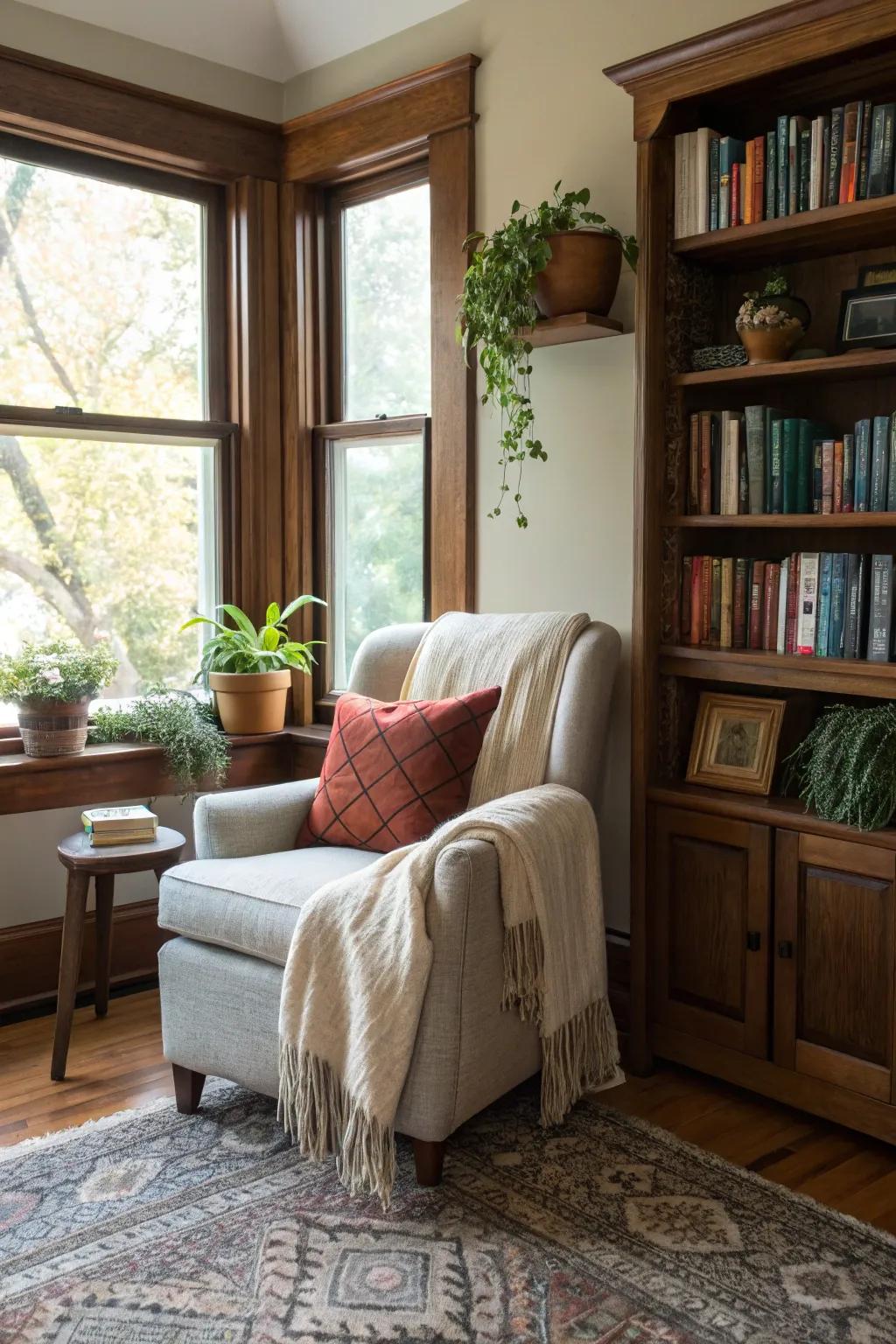 A personal reading space adds character and a quiet feel.