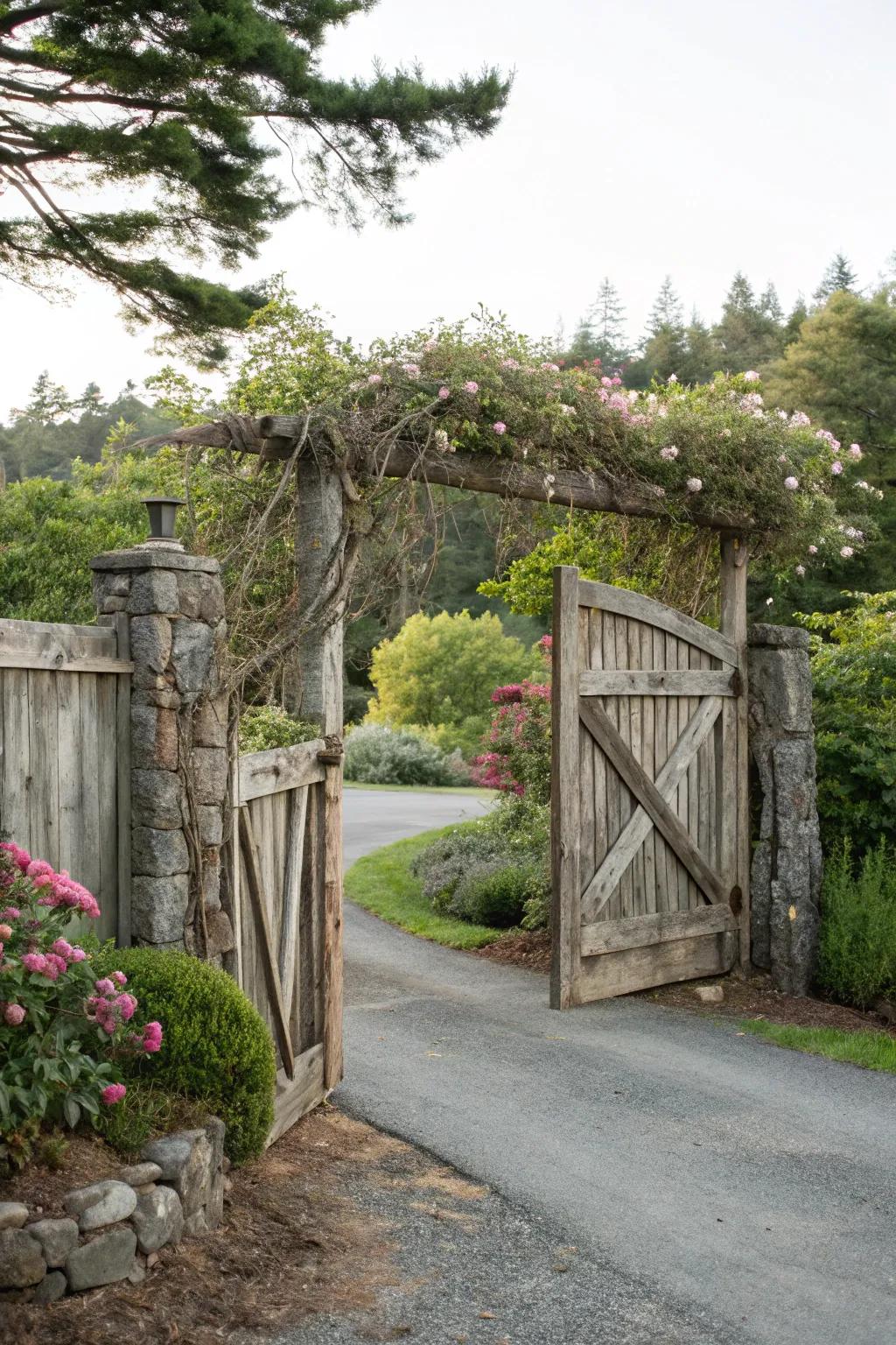A country timber entrance provides warmth and seclusion at this entry.