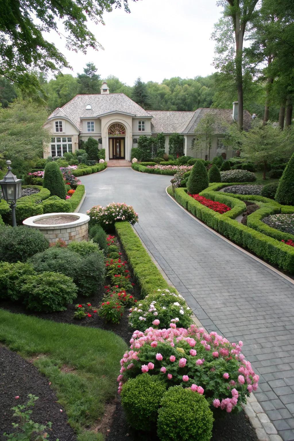 A functional horseshoe driveway with a garden centerpiece.