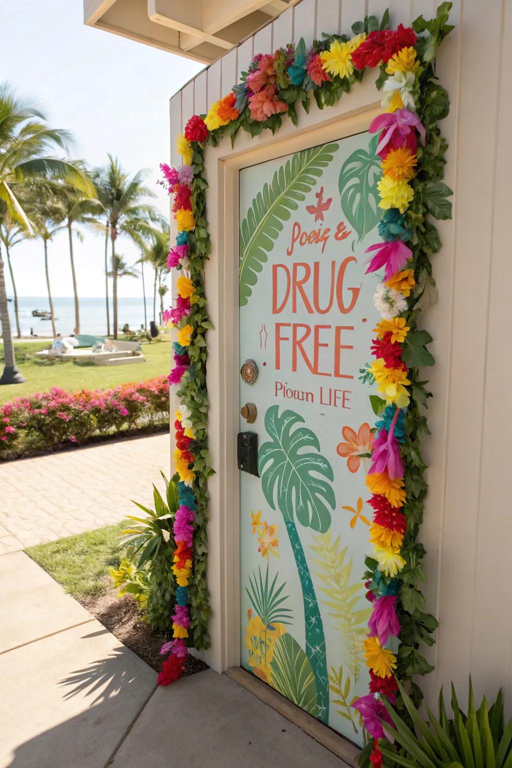 A tropical-styled door decoration featuring a substance-free message.