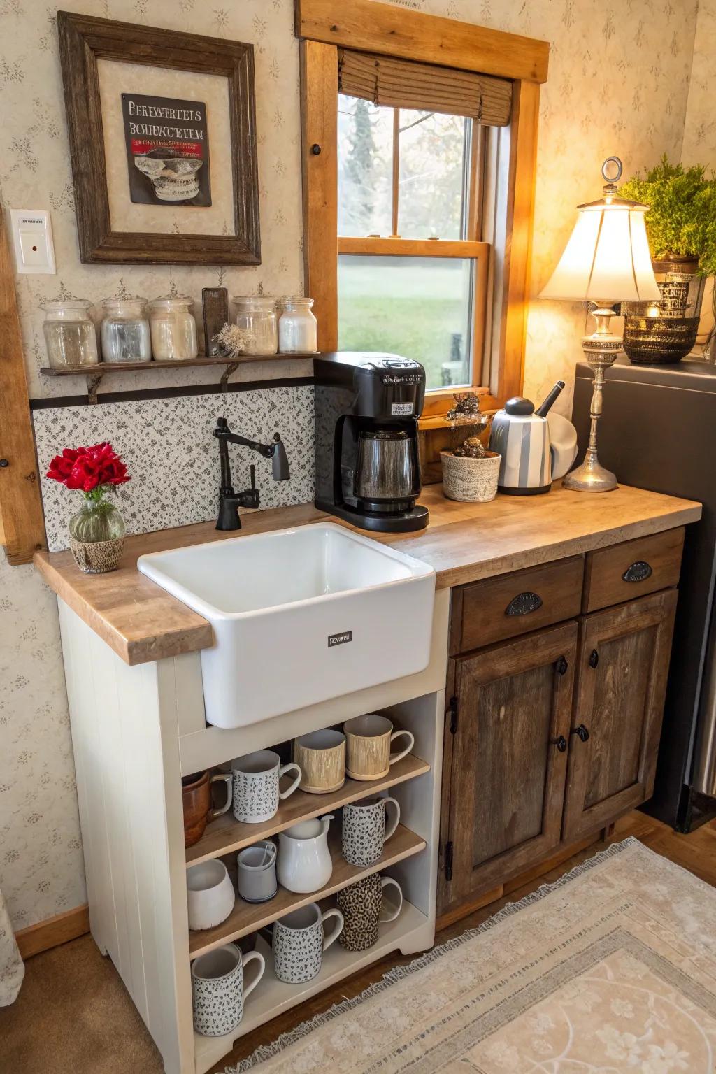 A cozy coffee station created from a vintage water closet table.