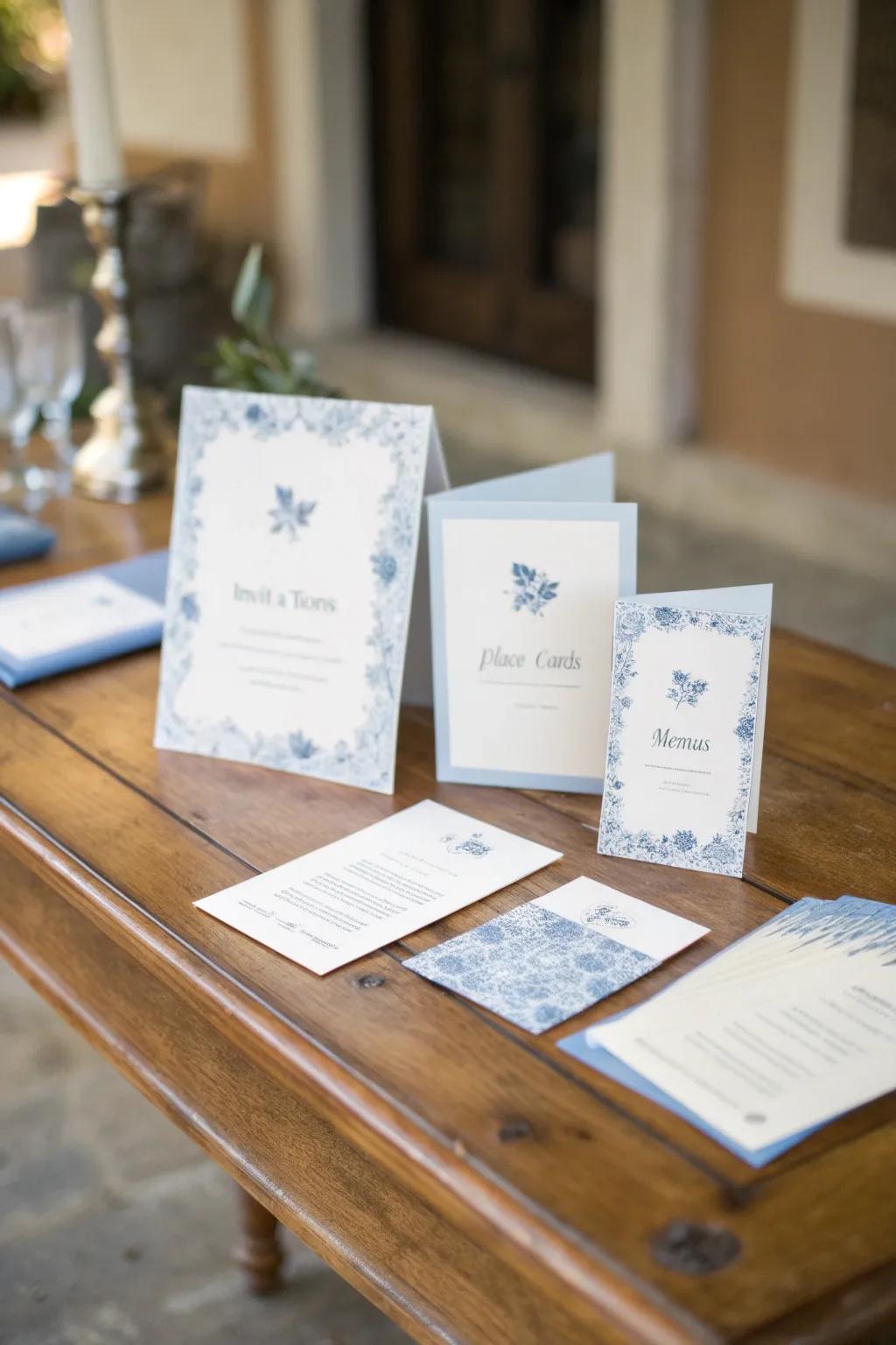 Beautiful stationery with misty blue accents that enhance the wedding's cohesive theme.