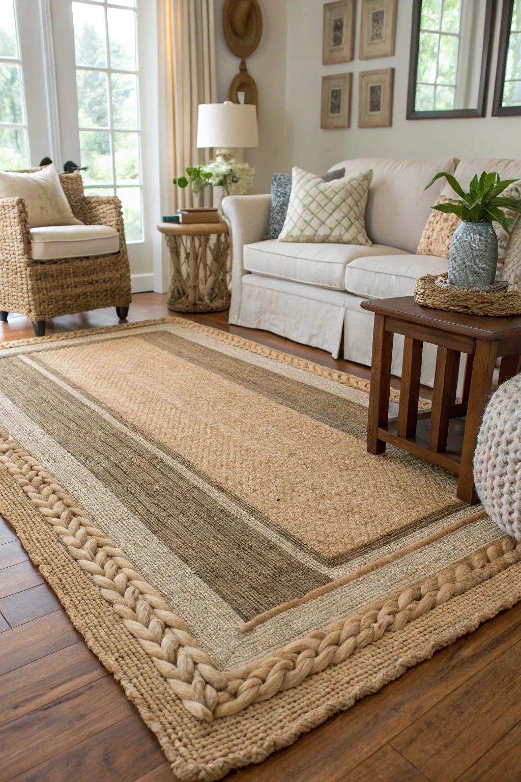 A living area displaying layered natural fiber floor coverings.