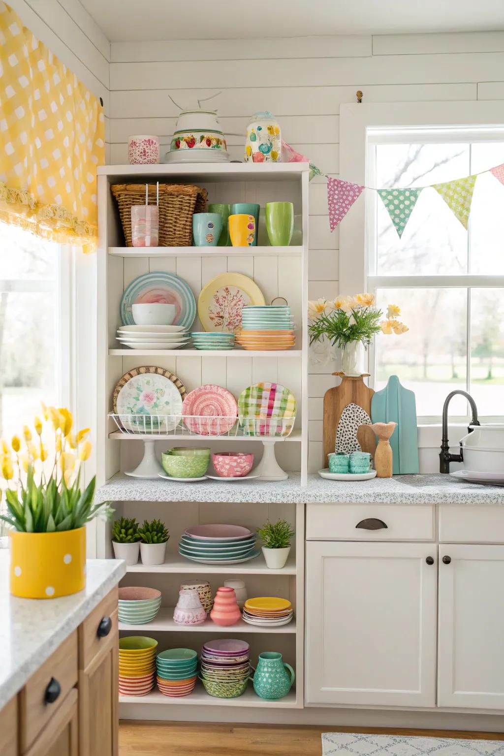 Easter-themed culinary ware introduces a celebratory accent to open ledges.