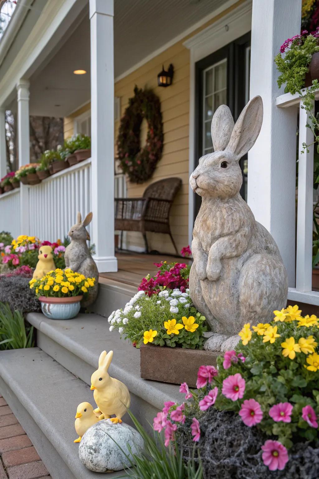 Lawn sculptures bring playful charm to your porch.