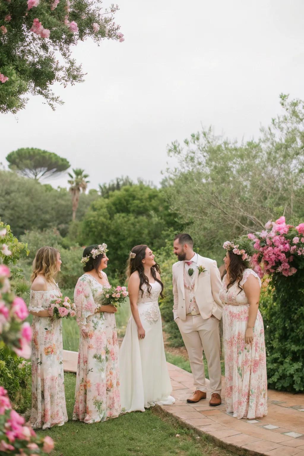 Wedding attendees styled in nature-inspired floral and light-toned attire.