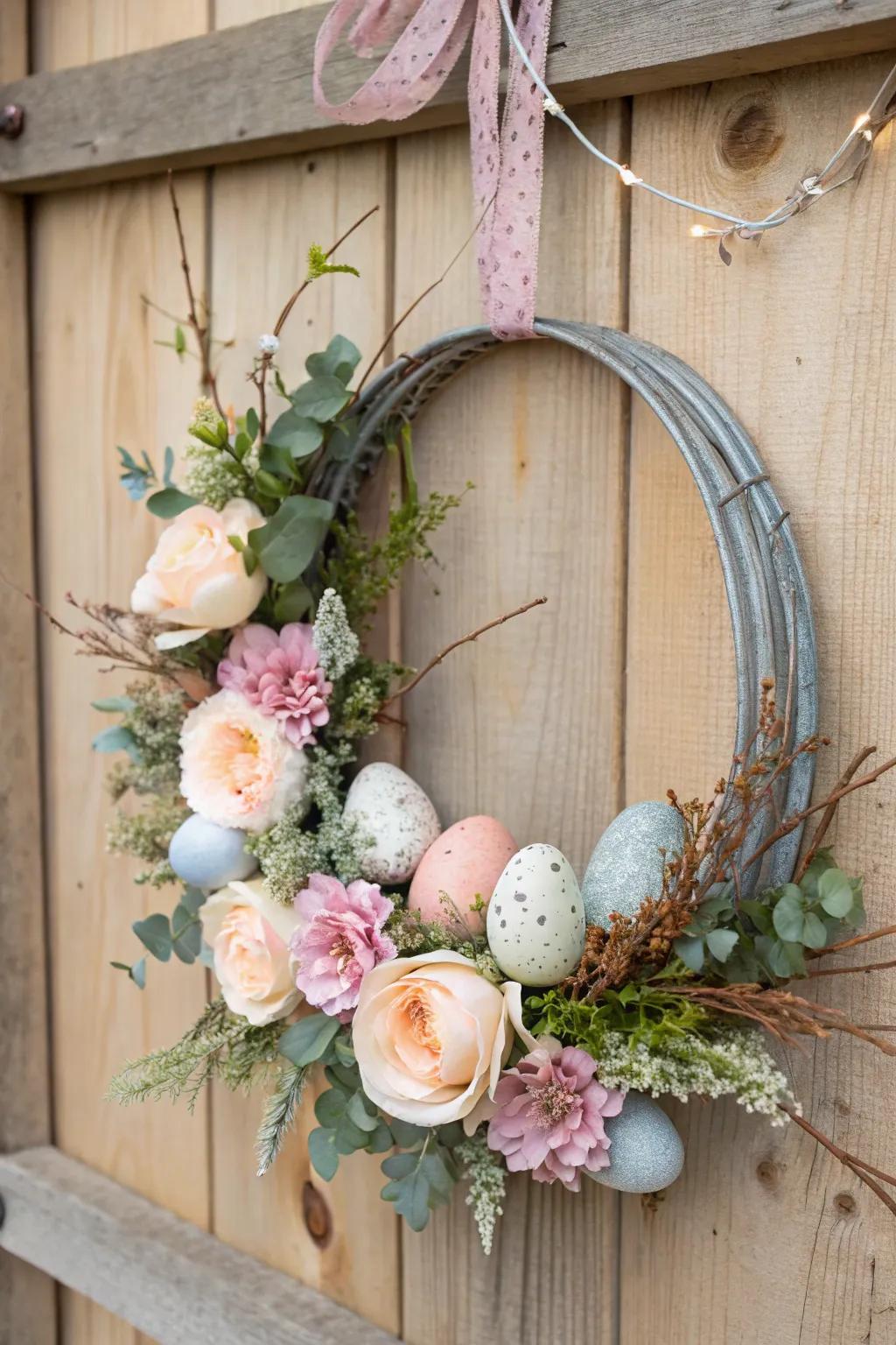 A rustic Easter wreath showcasing an electroplated metallic underlay and faux florals, ideal for a countryside ambiance.