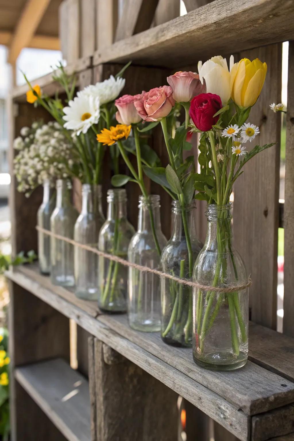 Classic bottles touch on nostalgic floral arranging.