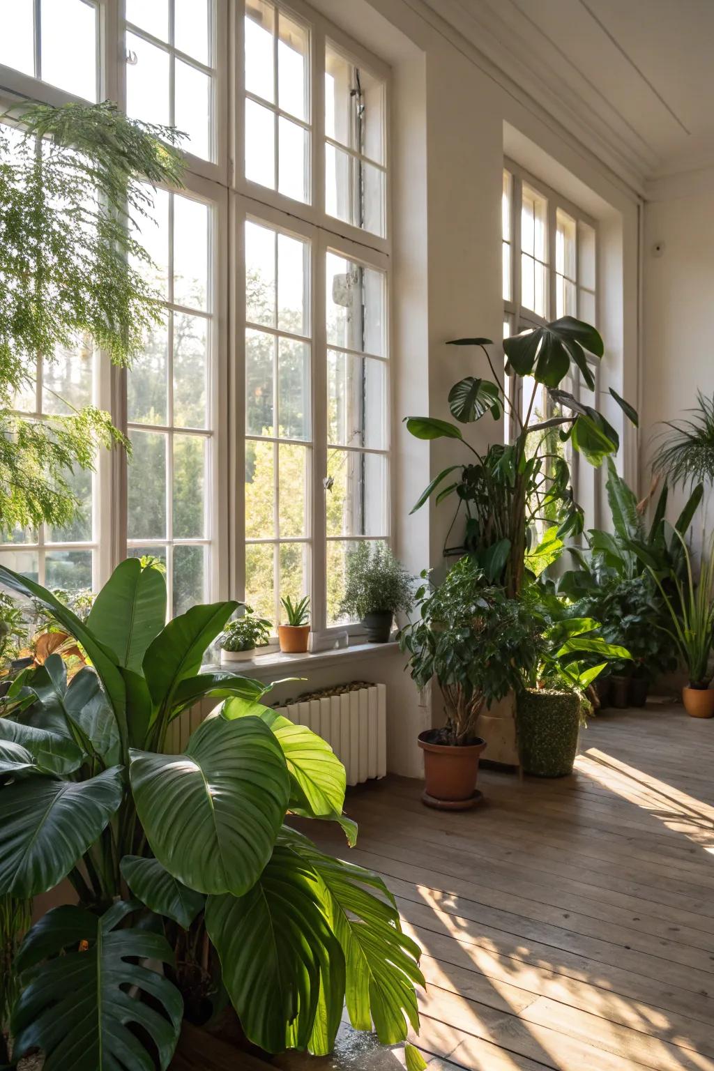 A bright room abundant with sunlight and lush greenery.