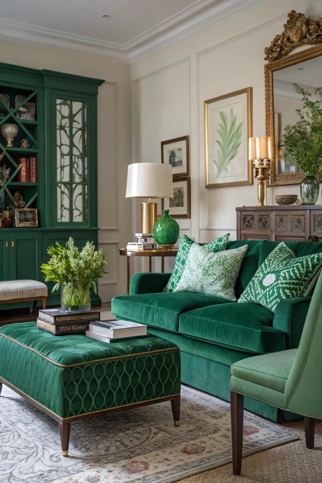 Varied blending of conventional and fashionable designs inside forest green decorations.