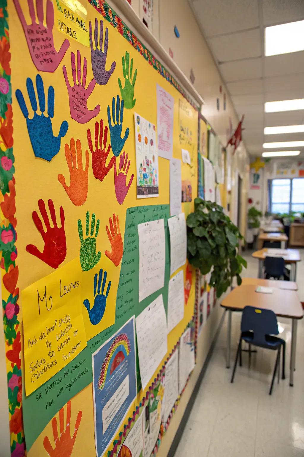 A personal display featuring student handprints and messages.