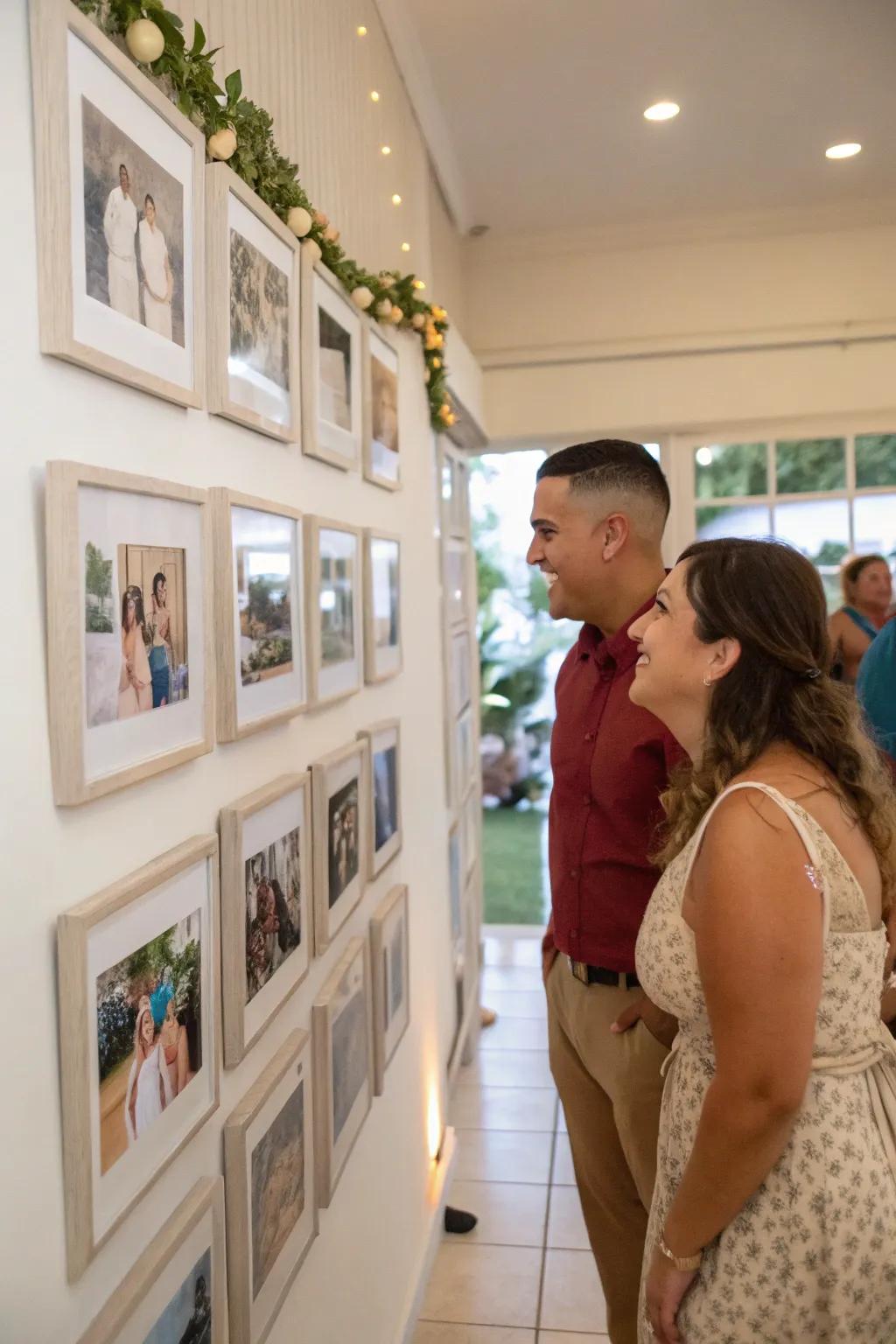 A picture wall showcasing the couple's memorable moments.