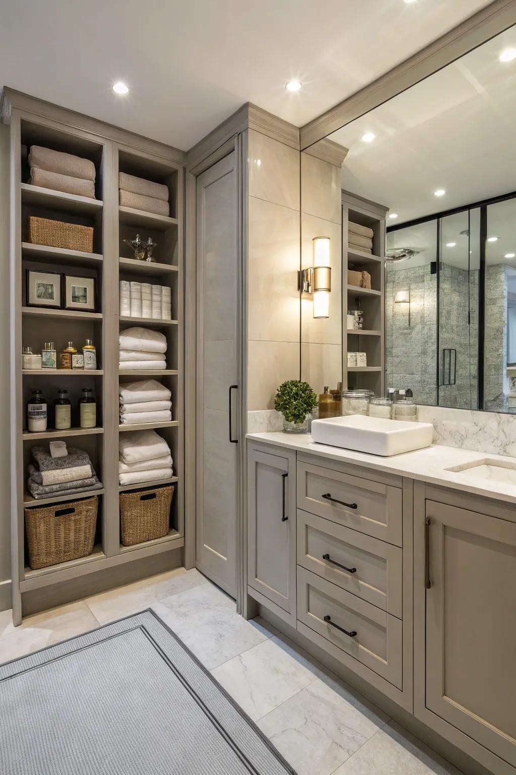 Smart storage solutions keep a clean and working private bathroom.