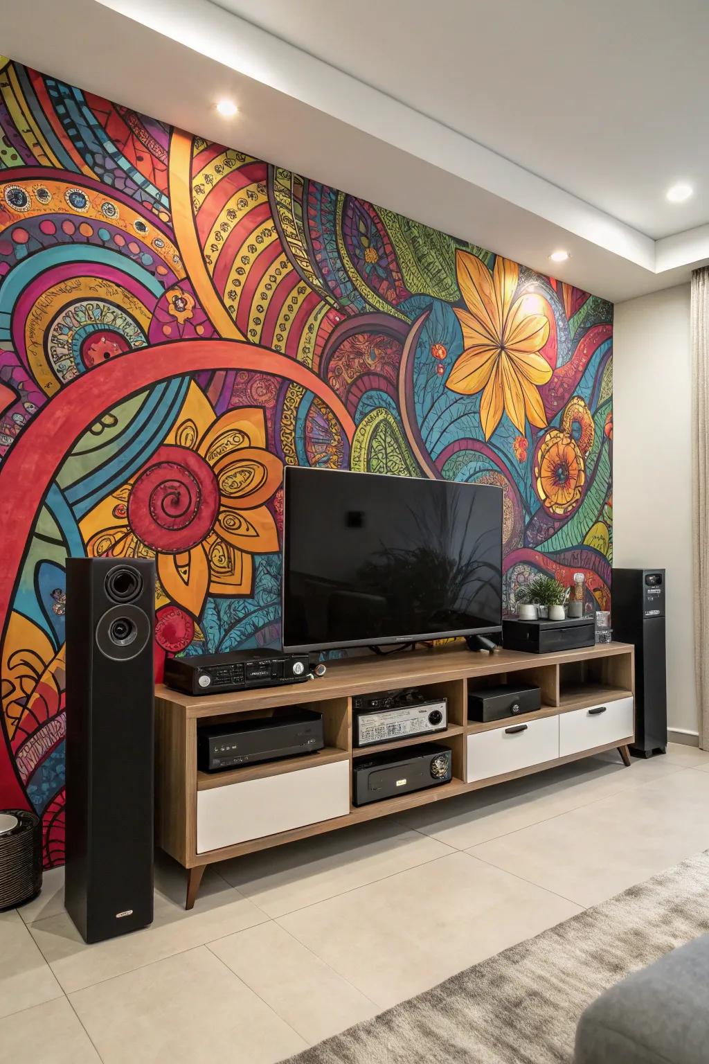 Here, a large art piece dramatically serves as a backdrop for the entertainment center.