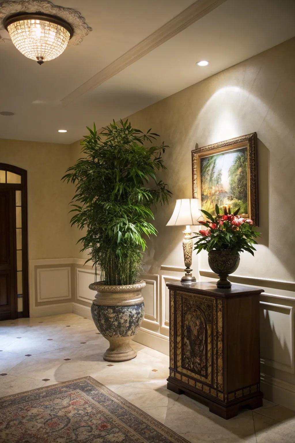 Spotlight brings attention to decor in this stylish entrance.
