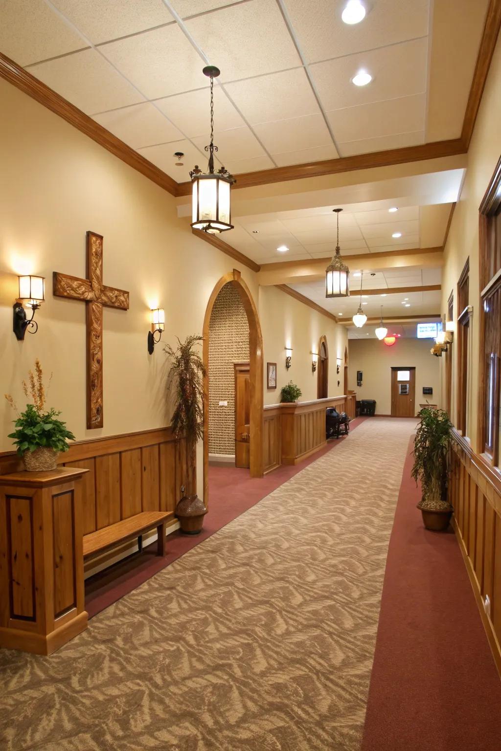 A neutral, warm color palette creates a calming atmosphere in the church foyer.