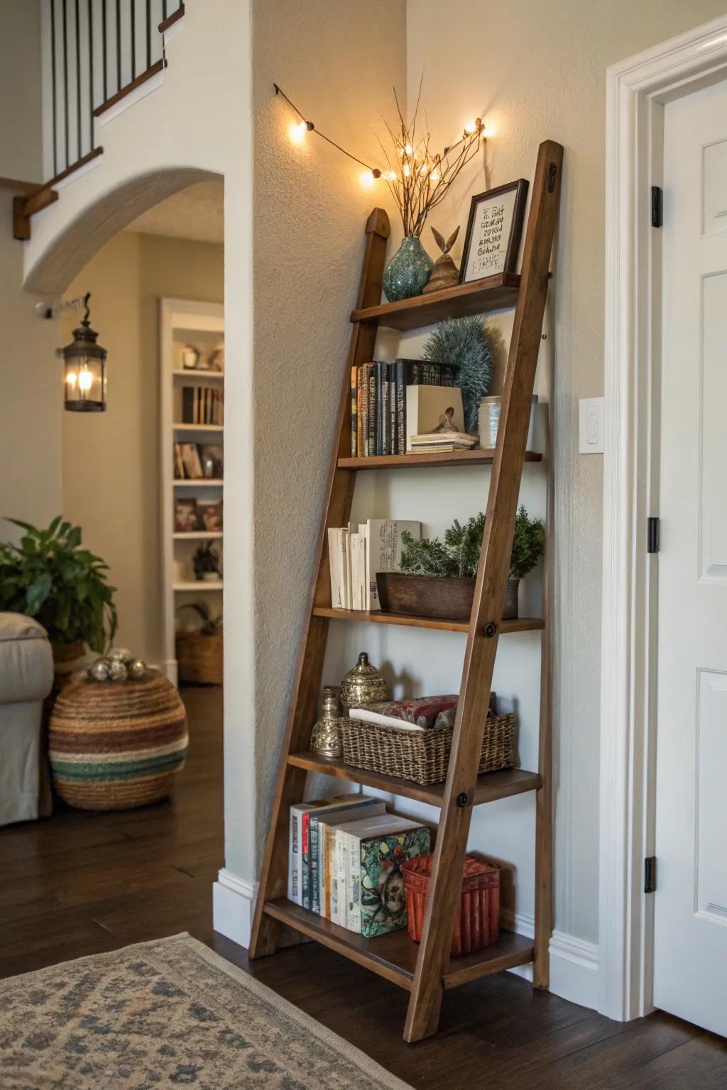 A ladder shelf blends function and flair in the entryway.
