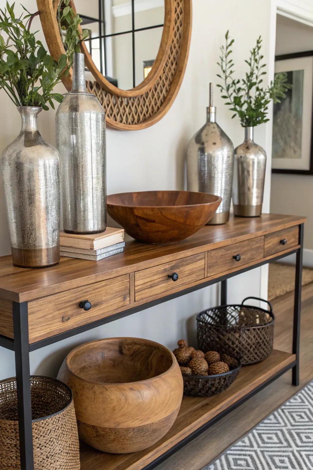 Combining different materials enriches your decor with depth and interest.