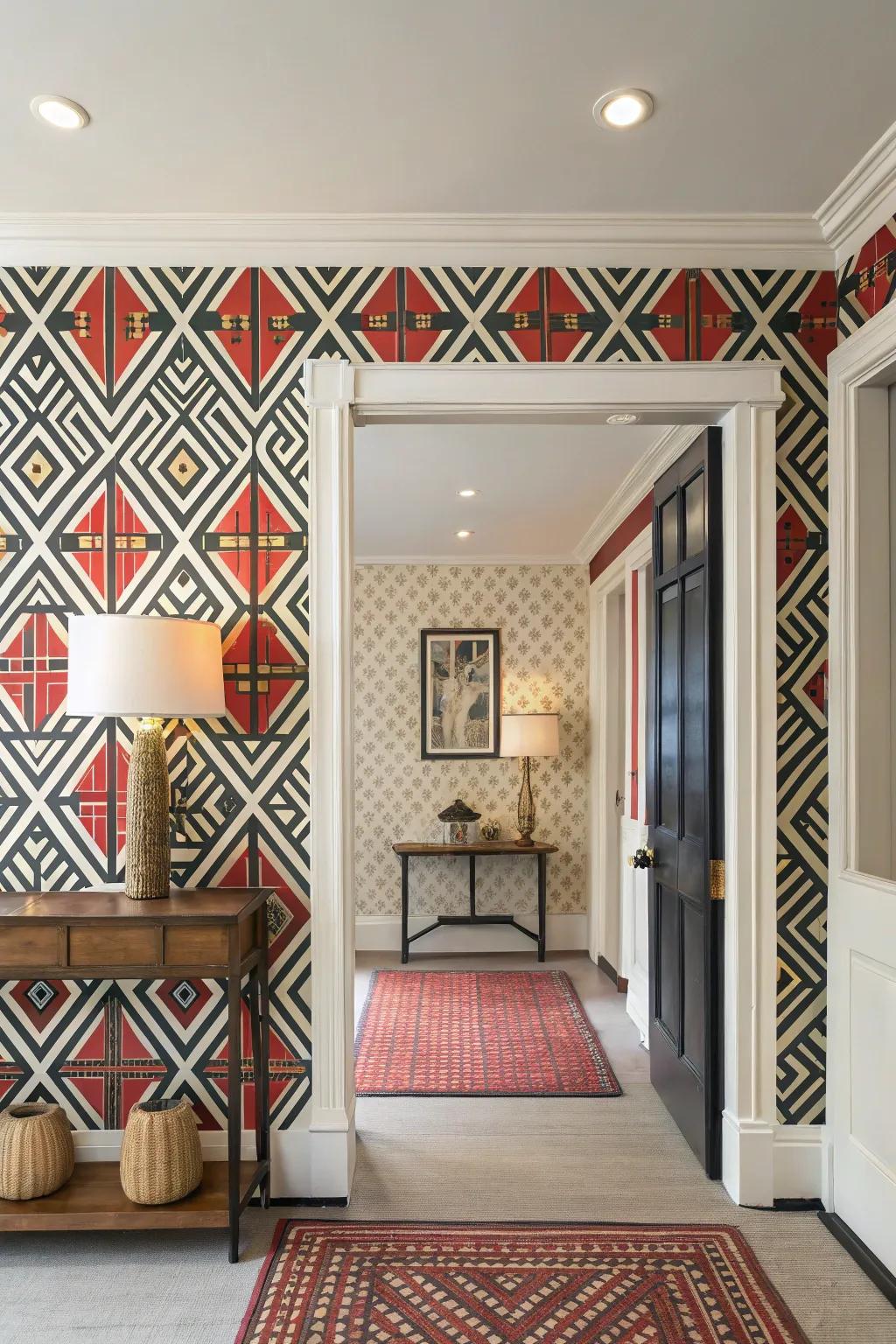 Daring wallpaper creates an artistic and lively entryway statement.