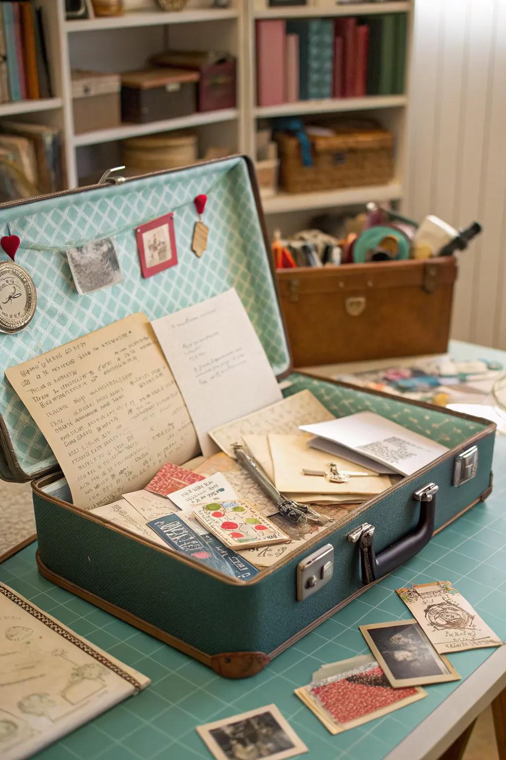 An antique suitcase offers a charming storage solution.