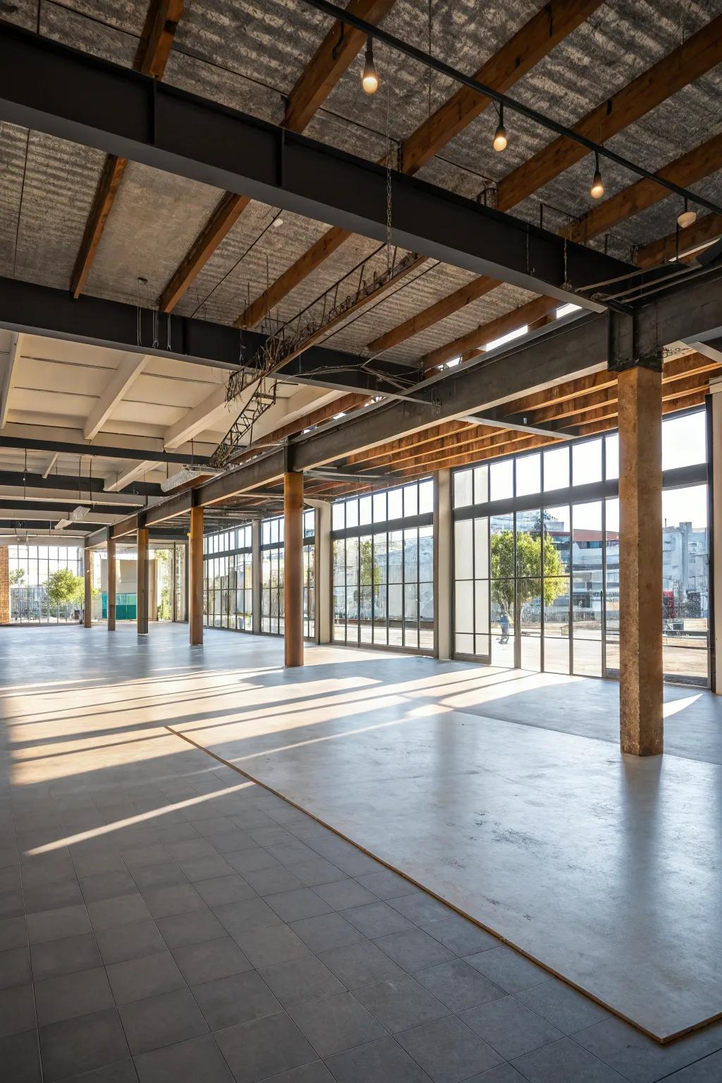 Rafters create practical zones in open spaces.