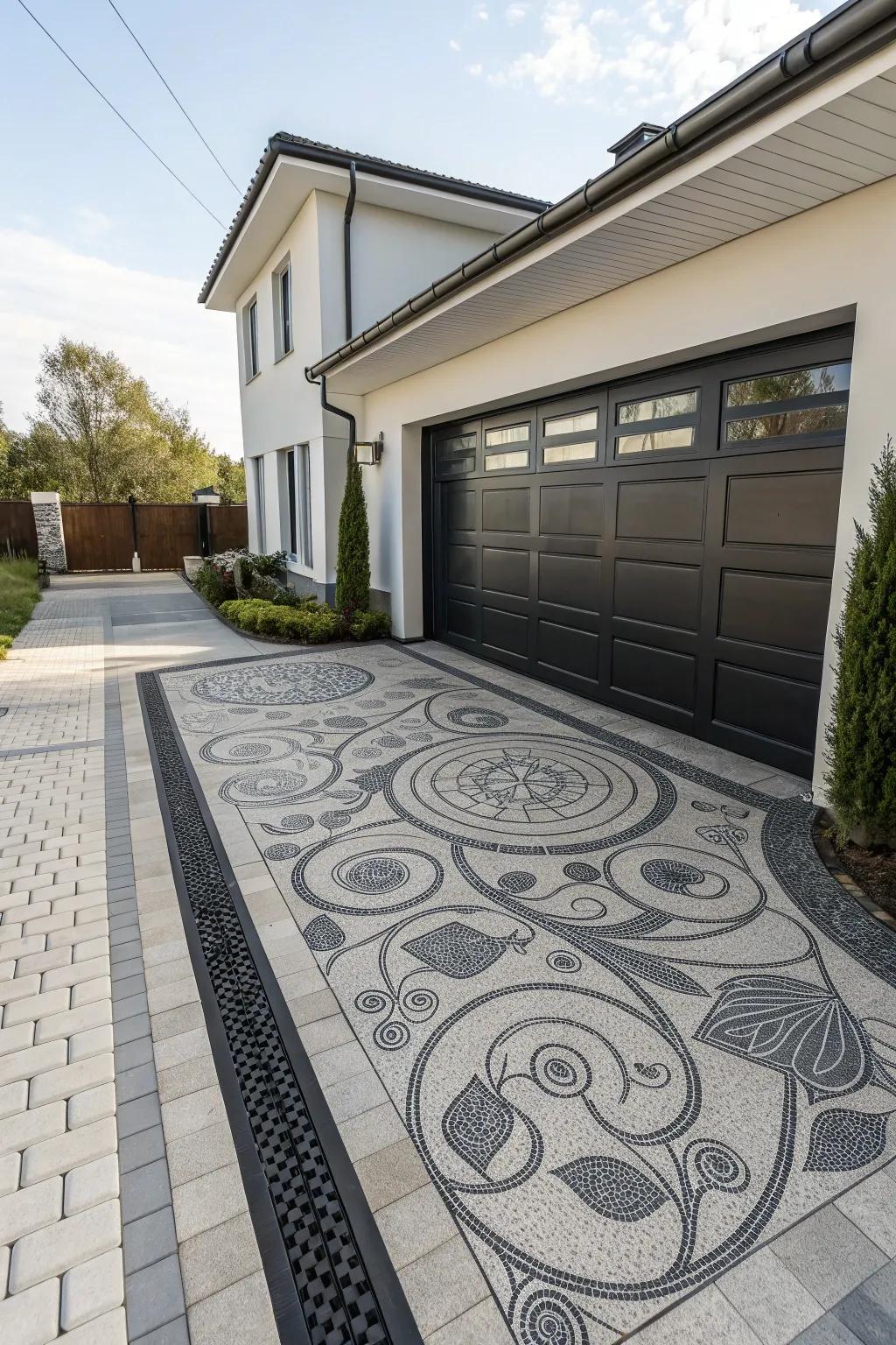 A modern garage featuring a decorative driveway.