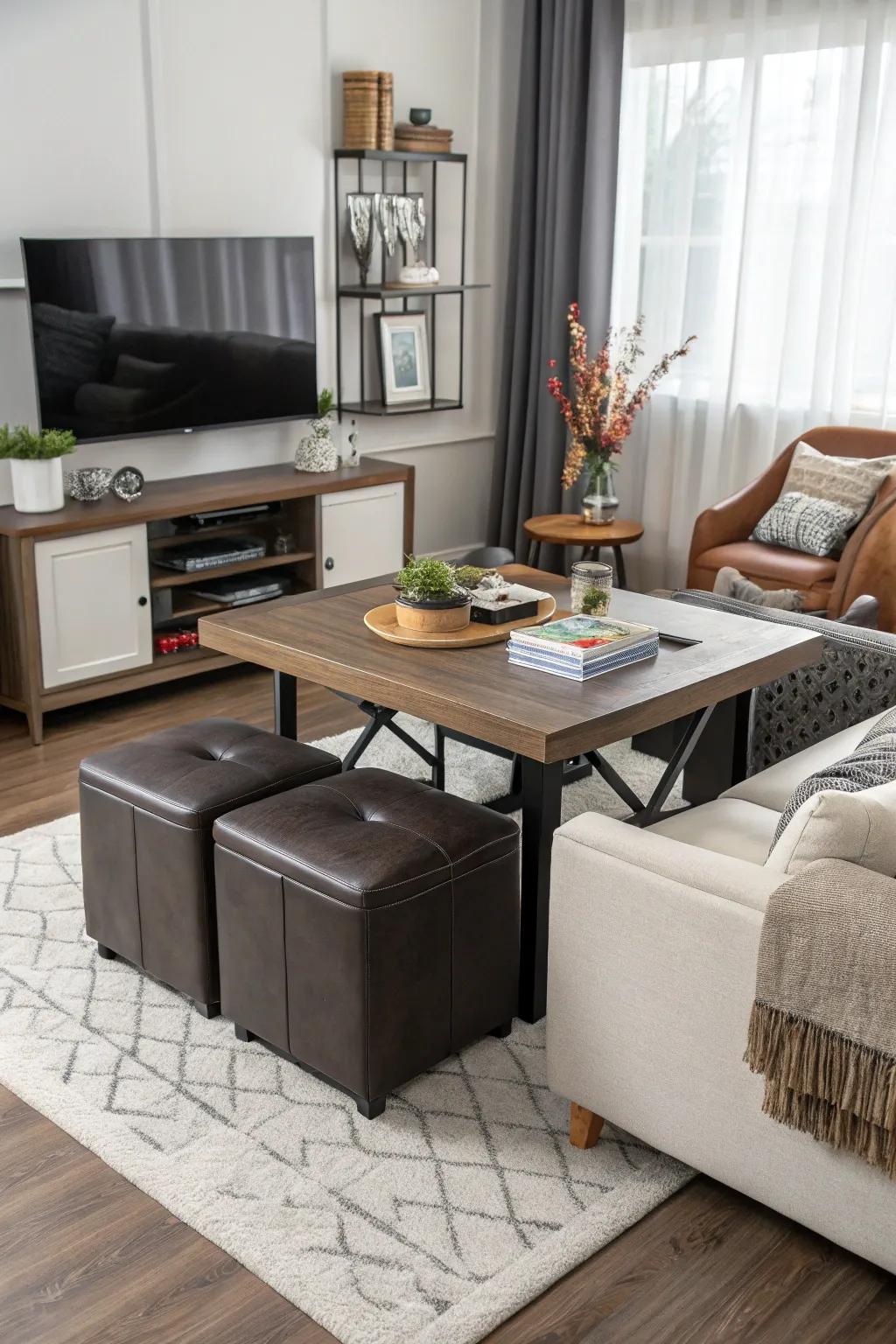 Dual-purpose tables offer smart space-saving solutions.