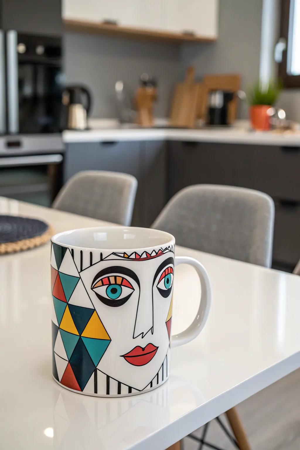 A geometric face mug that merges modern art with functional design.