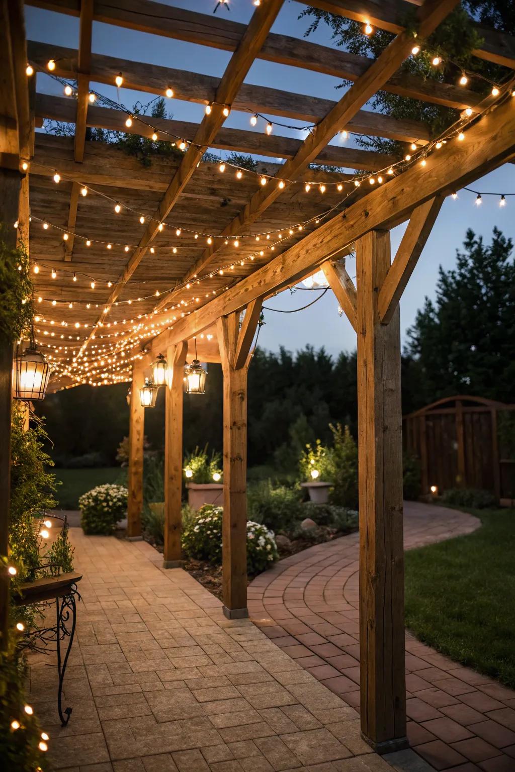 A garden alcove ornamented with twinkle lights offers an inviting retreat.