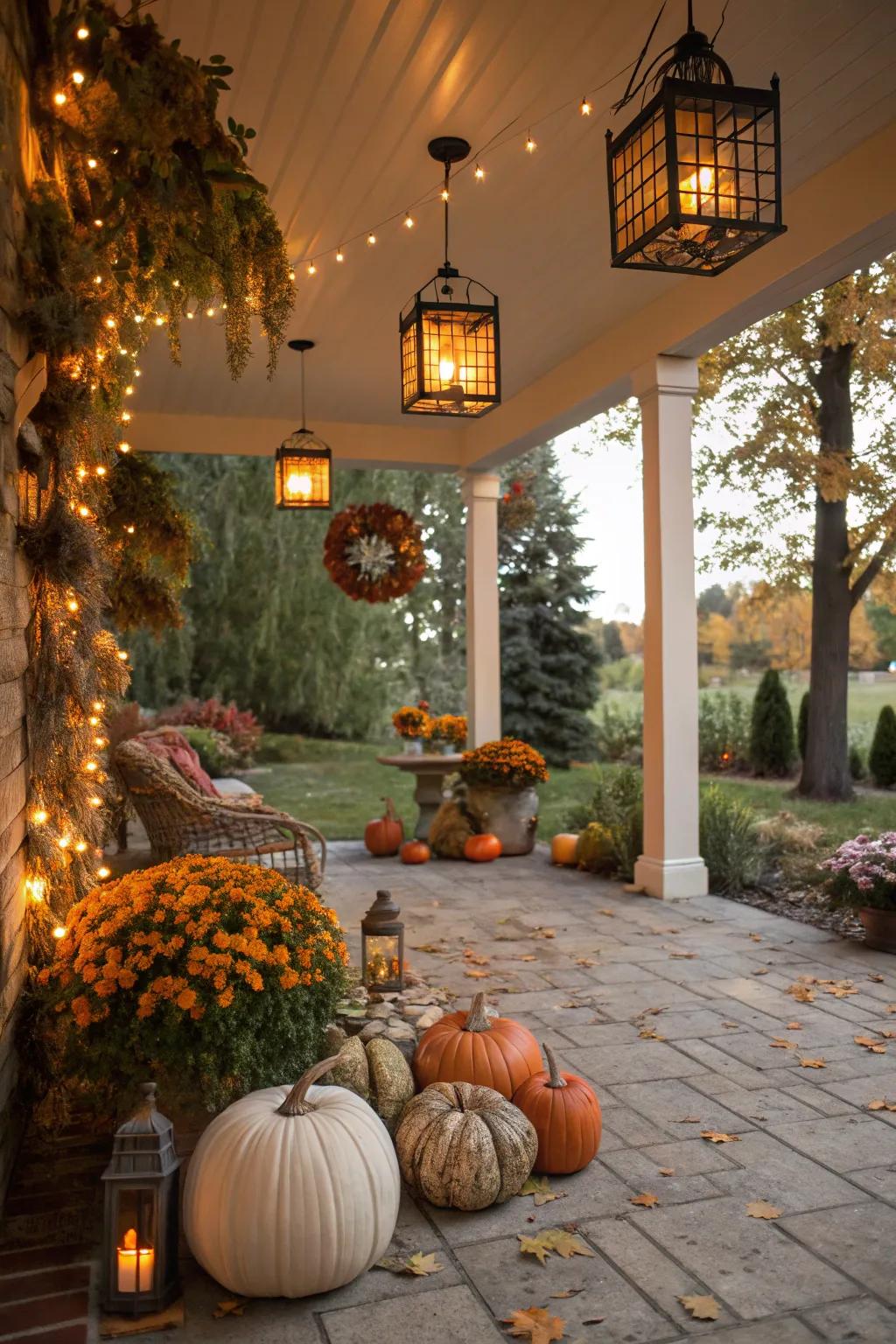 Lamps deliver ambient illumination for a snug autumnal patio configuration.