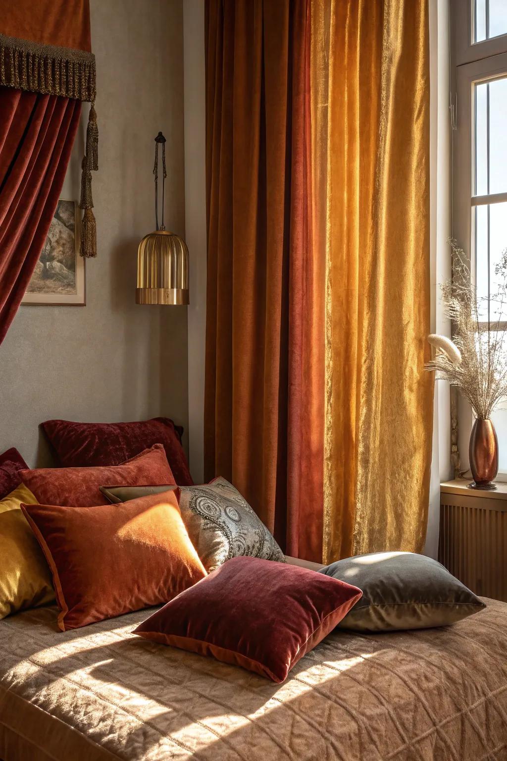 Velvet imparts opulence and warmth to your autumnal bedroom decor.