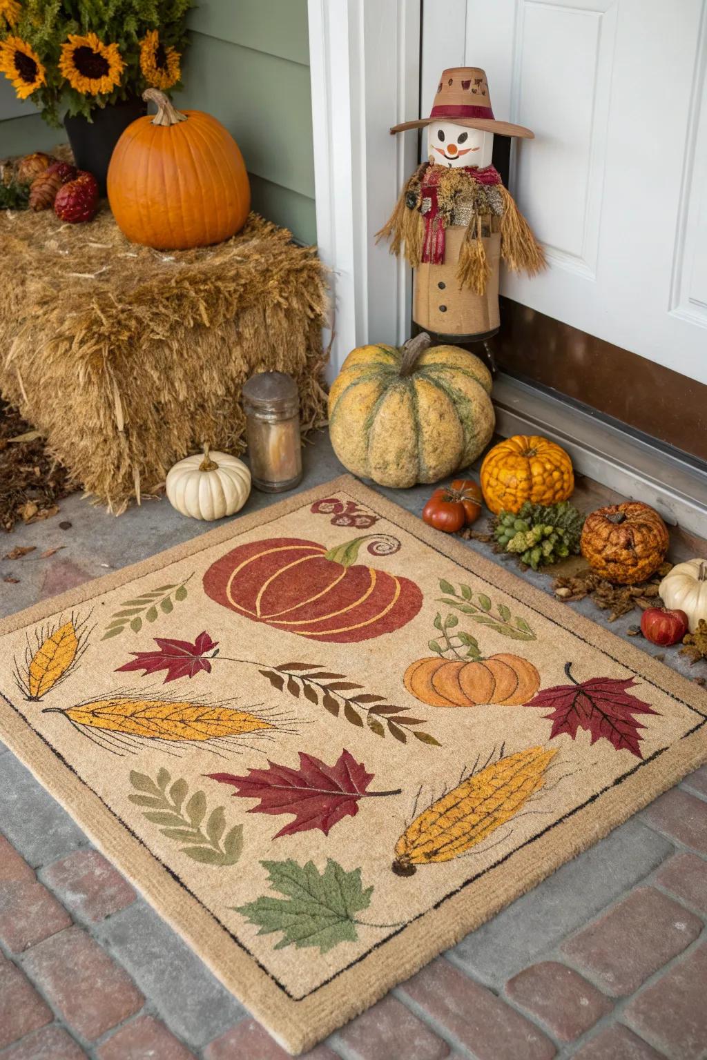 A harvest-themed doormat celebrating autumn abundance.
