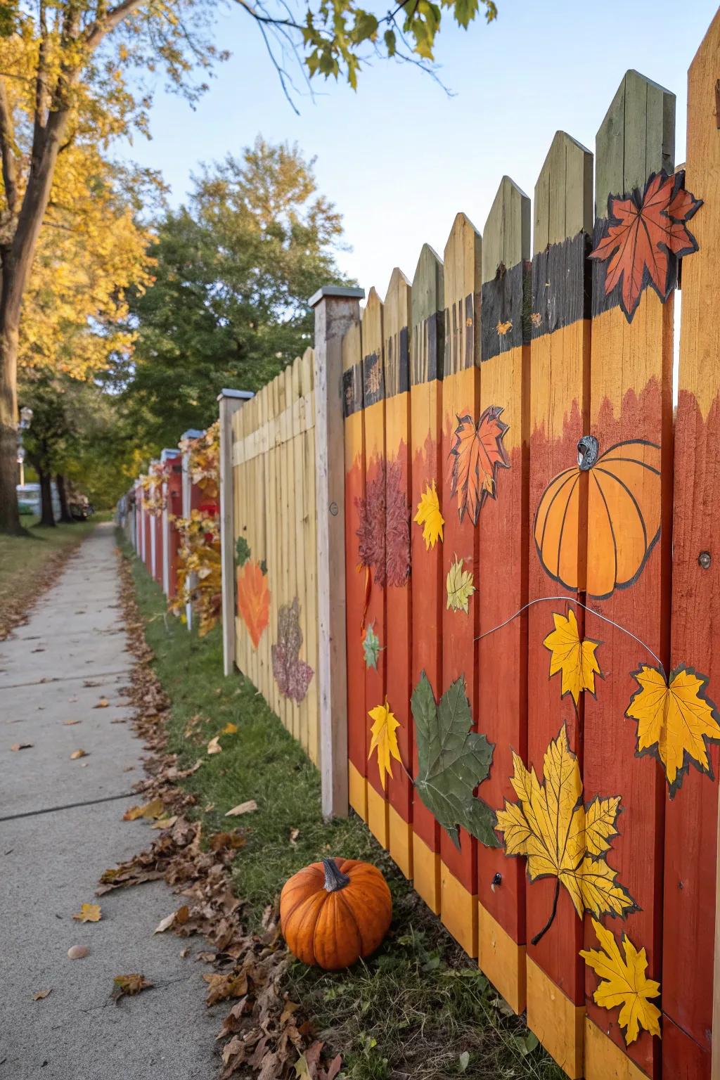 Wooden boards with fall-themed motifs personalize a fence.