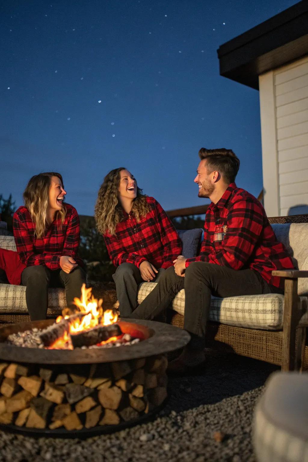 A snug woolen material-themed gathering surrounding a fire enclosure.