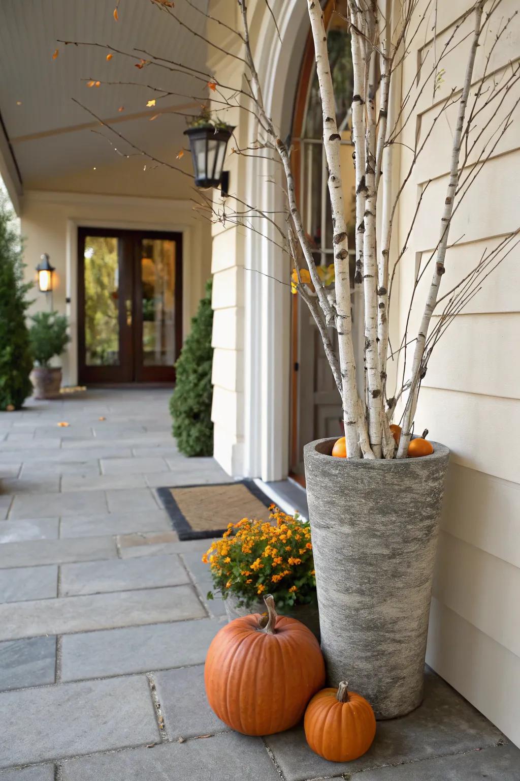 Birch limbs give both elegance and dimension to gourd vases.