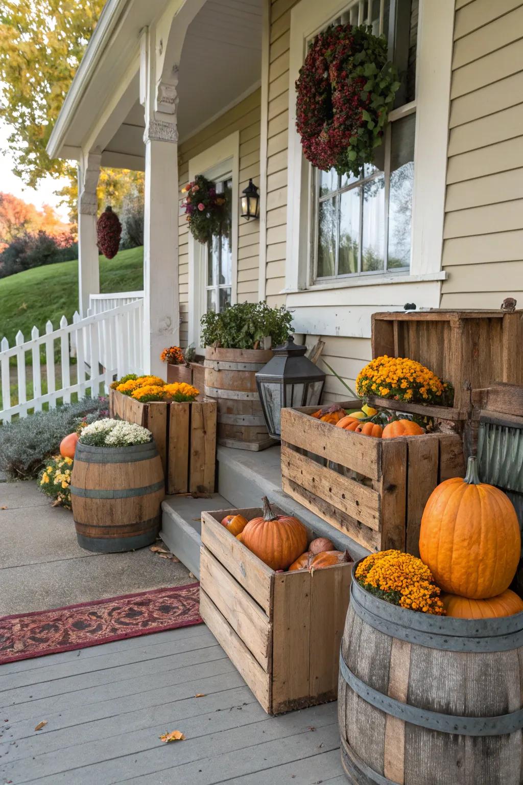 Timber components render a rustic accent, suitable for exhibiting fall decor.