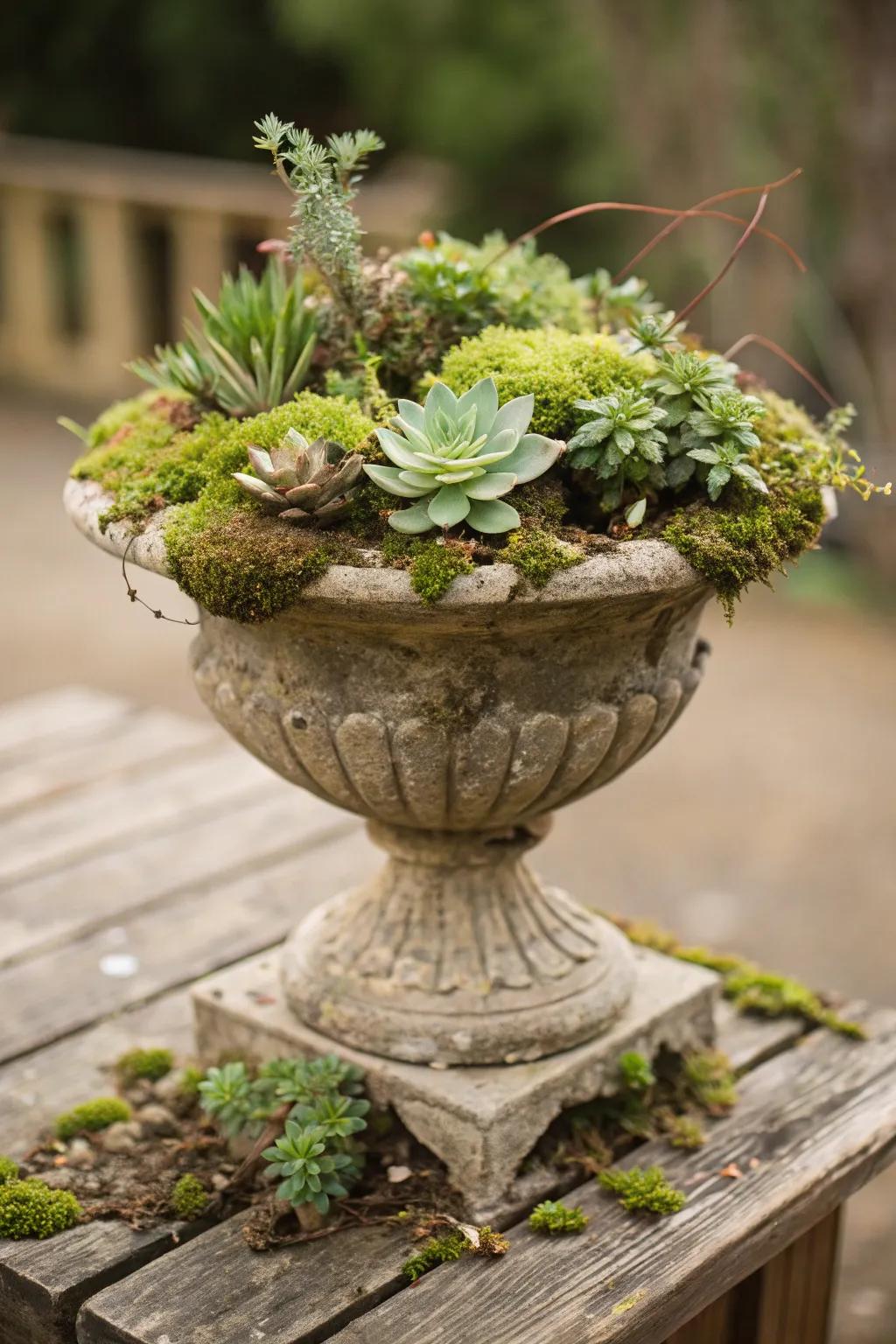 Unconventional mix of fleshy plants and moss in a fall container.