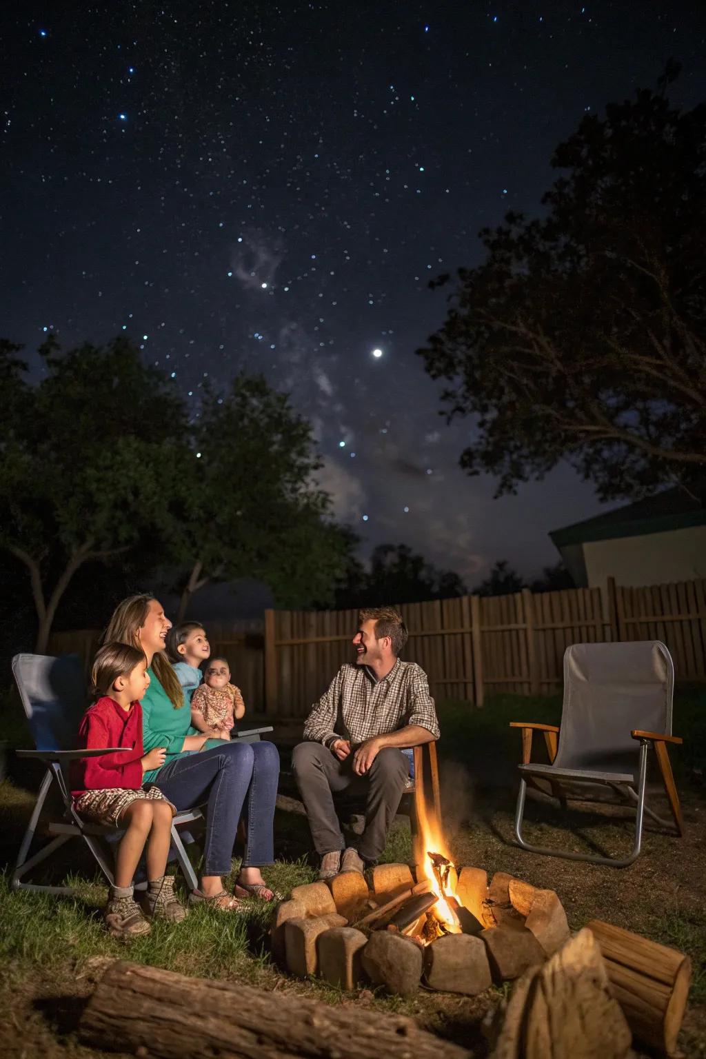A close-knit family gathers around a campfire to spend a tranquil evening together.