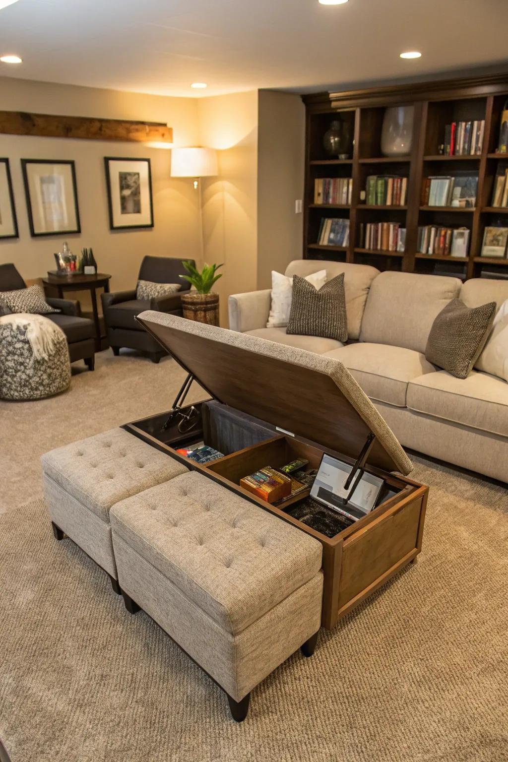 A family room showcasing versatile multi-use furnishings.