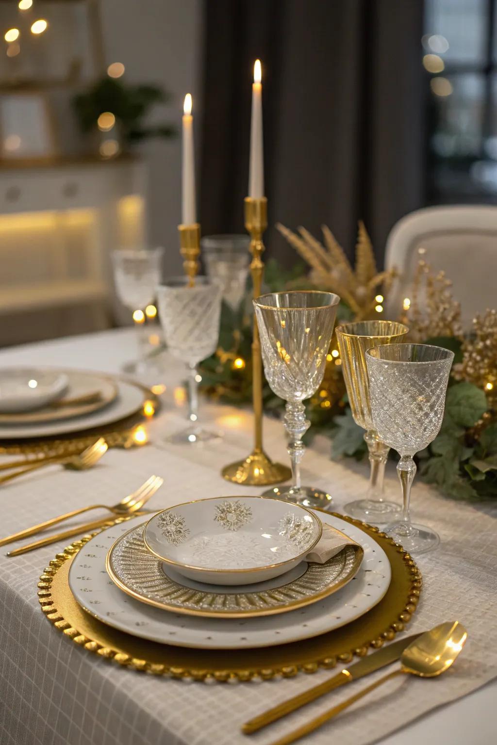 Metallic highlights introduce a hint of splendor to the dinner table.